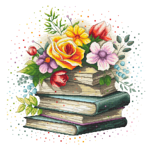 Cross stitch pattern for smartphone - Flower pile of books