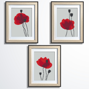 GC 11014 Cross stitch pattern on paper - Carmine poppies - triptych