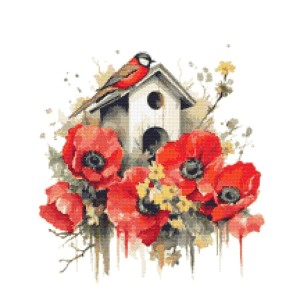 Cross stitch pattern for a phone - Bird house with poppies