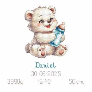 Cross stitch pattern for a phone - Birth certificate - Teddy bear with a bottle