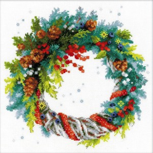 RIO 1603 Cross stitch kit with mouline - Wreath with blue spruce